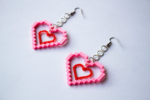 Pink Pixel Heart Earrings / Cara Lowe