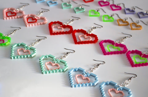 Pink Pixel Heart Earrings / Cara Lowe